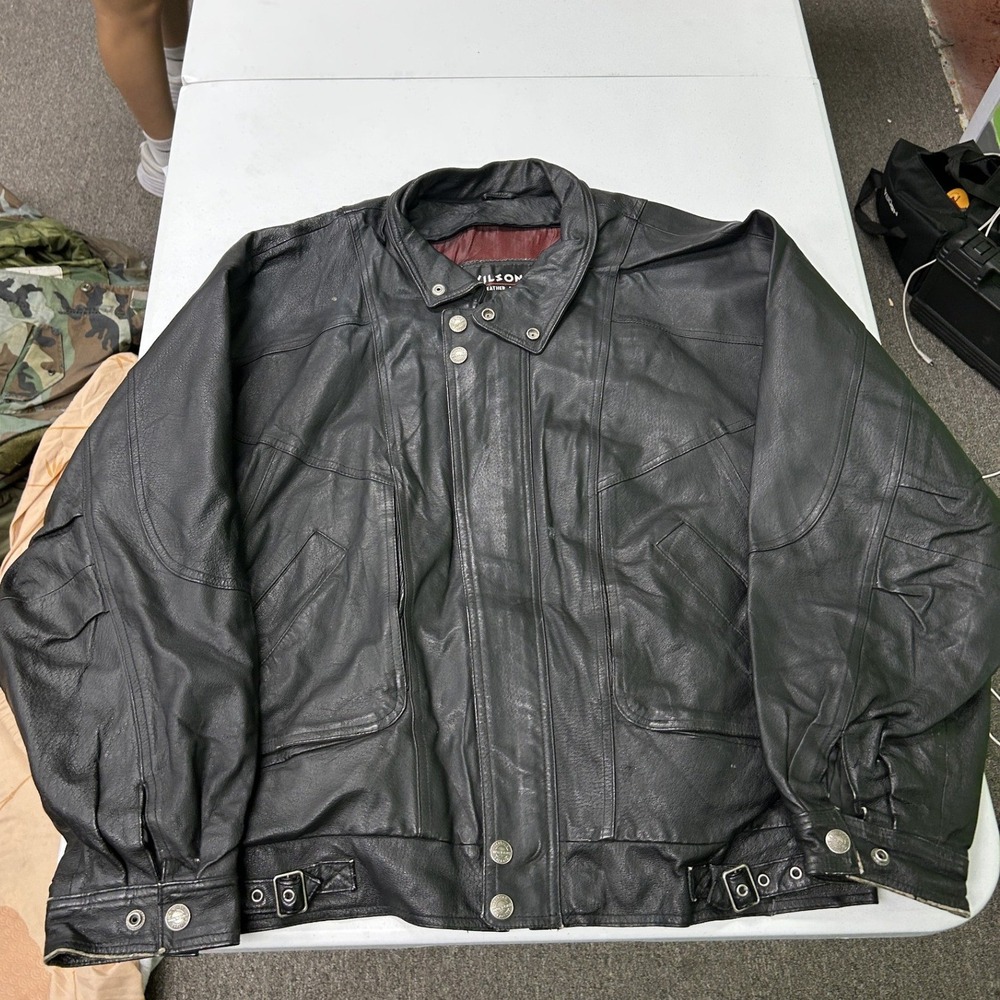 Wilsons Leather Bomber Jacket Mens XL Black Vintage Zip Up Snap Elastic Waist
